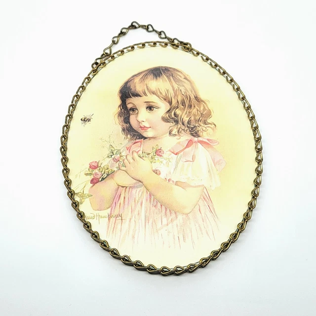 Flue Cover Picture Little Girl with Flowers Vintage Nursery Chain Frame