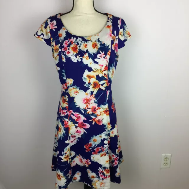 Worthington Fit & Flare Dress Sz 10 Womans Blue Floral Print Cap Sleeve Stretch