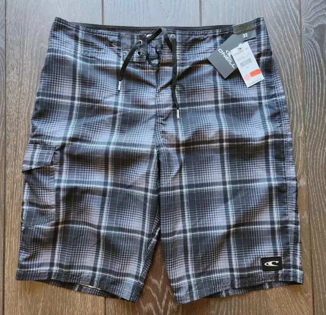 ONEILL Mens Size 32 Flat Front Board Shorts Black Striped Santa Cruz Plaid NWT