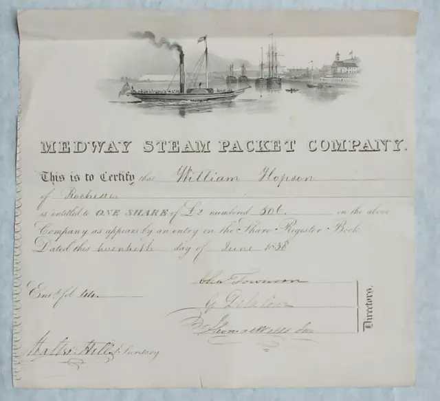 share certificate - 1838 Medway Steam Packet Co. - super rare