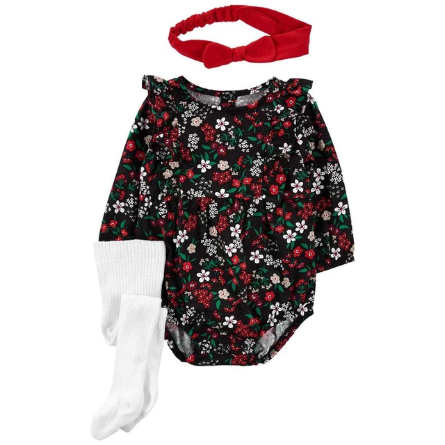 New Carters Baby Girls 6 Month Black Red Green 3 Piece Floral Outfit Bodysuit