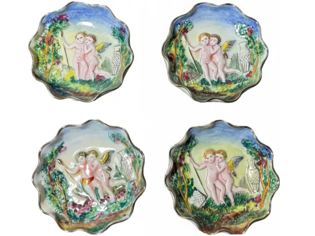 Antique Italy CAPODIMONTE Hand painted raised Porcelain: 4 Piece Nude Cherub Set