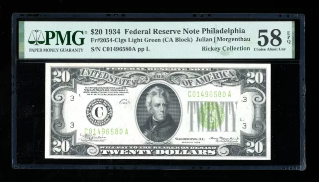DBR 1934 $20 LGS FRN Philadelphia Fr. 2054-Clgs PMG 58 EPQ Serial C01496580A