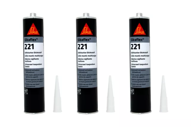 3x Sikaflex 221 300ml Gris Acero Sellador Masa de Junta Pegamento Cartucho