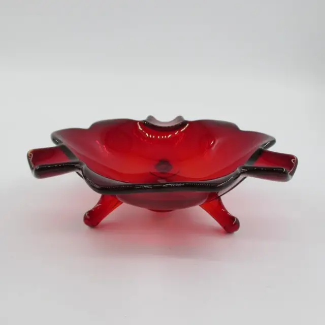 Vintage Fenton Art Glass Ruby Red 3 Footed Ashtray Trinket Candy Dish