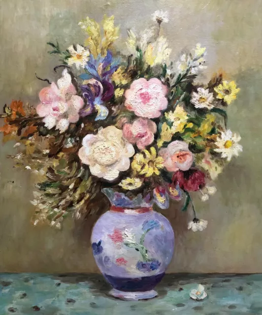 Bouquet de Fleurs, Nature Morte, Huile Sur Toile, Peinture, Tableau, XXe