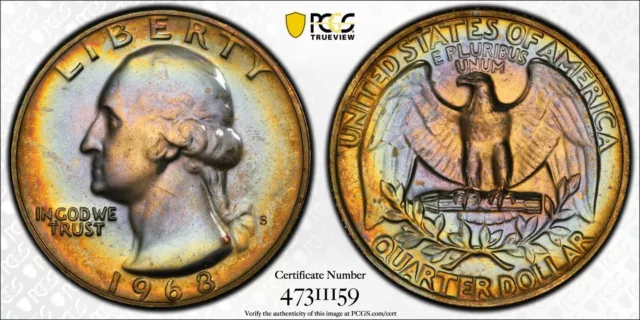 PR66 1968-S 25C Washington Proof Quarter, PCGS Trueview- Bright Rainbow Toned