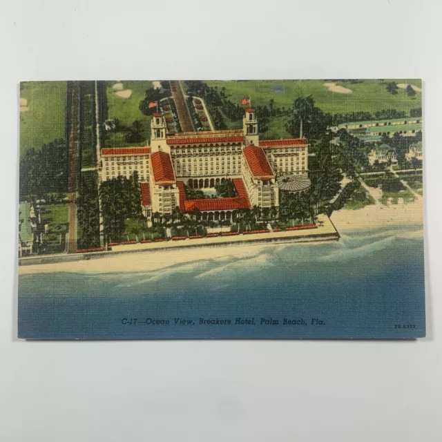 Postcard Florida Palm Beach FL Breakers Hotel Aerial View 1953 Posted Linen