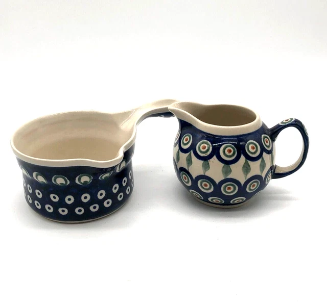 Boleslawiec Hand Made Polish Pottery Creamer & Gravy Bowl Blue & White Green