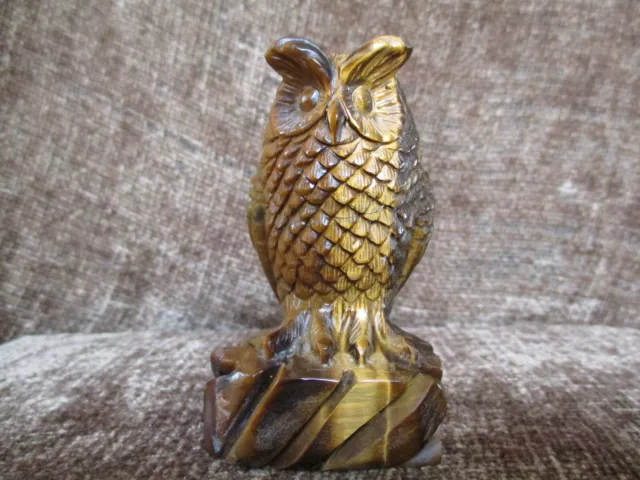 Vintage Hand Carved Tigereye Owl Healing Reiki Decor Chakra 3.5"