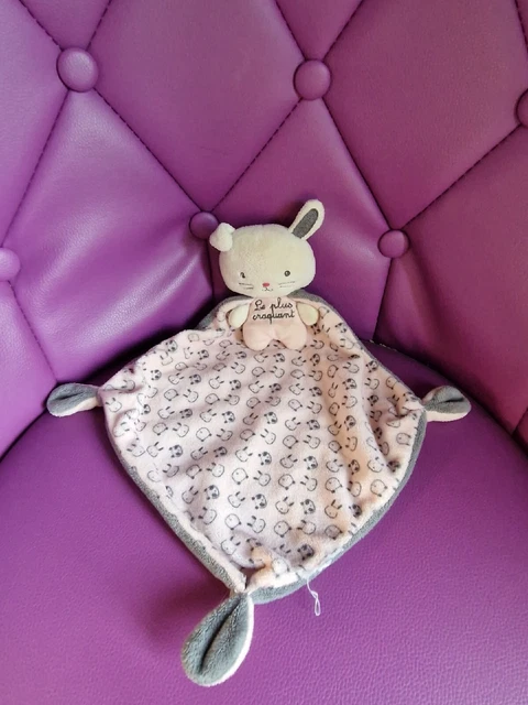 DOUDOU MOTS d'ENFANTS LAPIN PLAT CAPE PANDA ROSE BLANC LE PLUS CRAQUANT