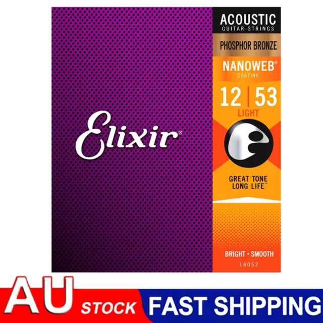 For Elixir Acoustic 16052 Guitar Strings Nanoweb Phosphor Bronze 12-53 Light