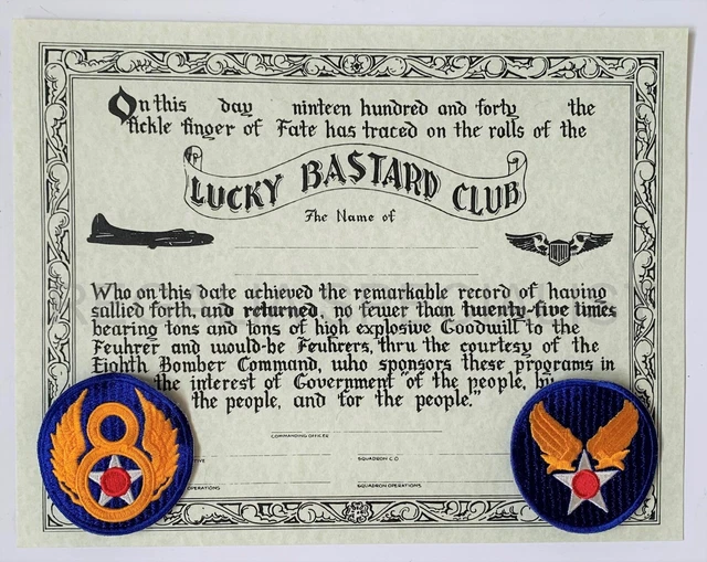 WW2 USAF FLYING Fortress ' LUCKY BASTARD ' Certificate & 8th Airforce