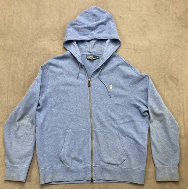 Polo Ralph Lauren Jacket 2XL Blue Hoodie Full Zip Sweatshirt Yellow Pony Logo