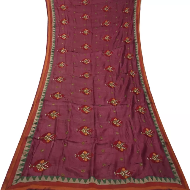 Vintage Rosso Bordeaux Sari 100% Pura Seta Ricamato a Mano 4.6m Craft di Tessuto