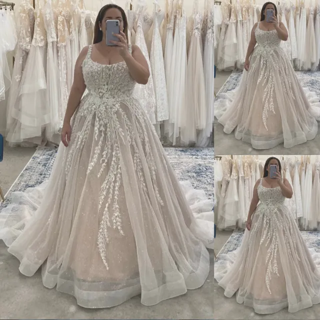 Champagne Wedding Dresses Plus Size Glitter Lace Appliques Straps Bridal Gowns