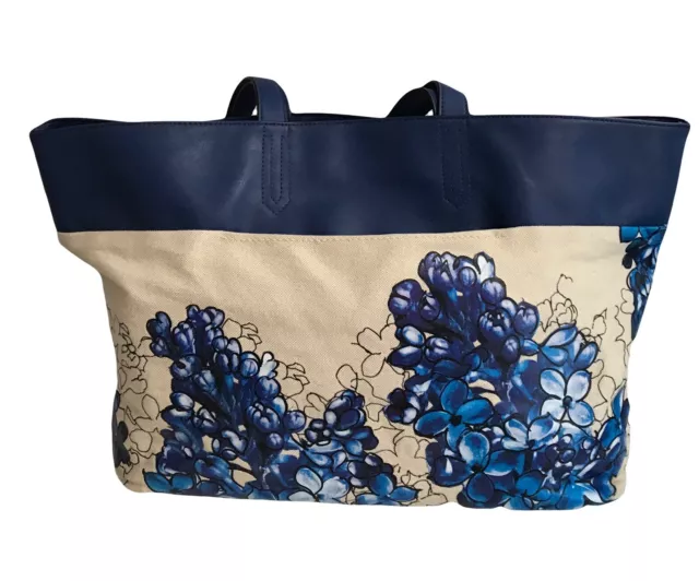 Oversize Canvas Tote  hydrangea Flowers Reed Blue & Off White