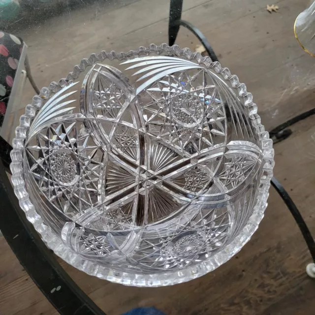 Serving Bowl Antique American Brilliant Cut Glass Crystal Vesicas hobstars8 1/4"