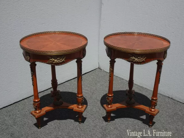 Vintage French Louis XVI Side Table w Brass Ormolu Marquetry Inlay Brass Fencing