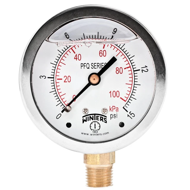2-1/2" Dial Size, Liquid Filled Industrial Pressure Gauge, Brass Internals