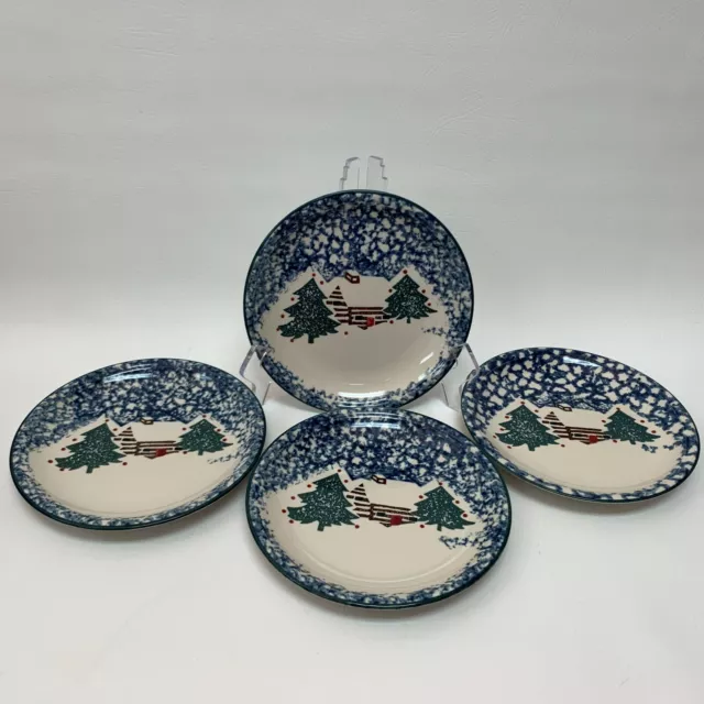 Tienshan Folk Salad Plates Craft Cabin in the Snow 7 5/8 Spongeware Lot of 4