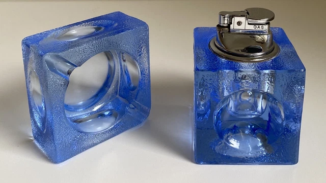 MCM Antonio Imperatore Italy Textured Icicle BLUE GLASS CUBE LIGHTER & ASHTRAY