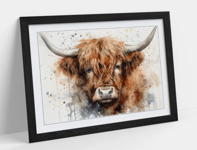 Highland Cow Watercolour Splash Art -Framed Wall Art Poster Paper Print