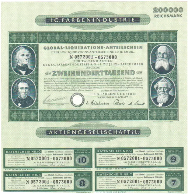 1 AKTIE IG FARBEN LIQUIDATIONS ANTEILSCHEIN RM 200 000 Reichsmark rare share