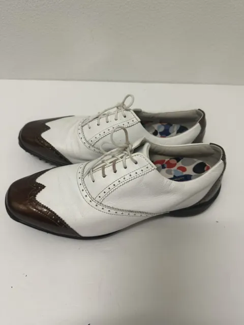 Footjoy LoPro 97014 White Brown Classic Wingtip Leather Golf Shoes Wmn Sz 10