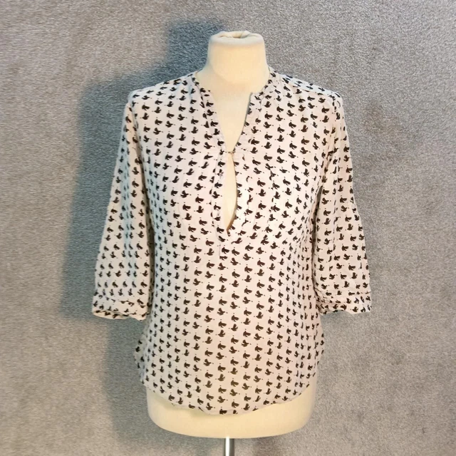 Cream Dove Woven Blouse Black Half Sleeve Lightweight Drop Hem Y2K Uk 8