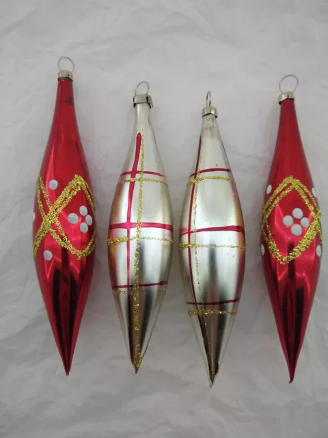 Vtg Glass Christmas Ornaments Teardrop Icicle Set of 4 Red White Gold 6" Gift