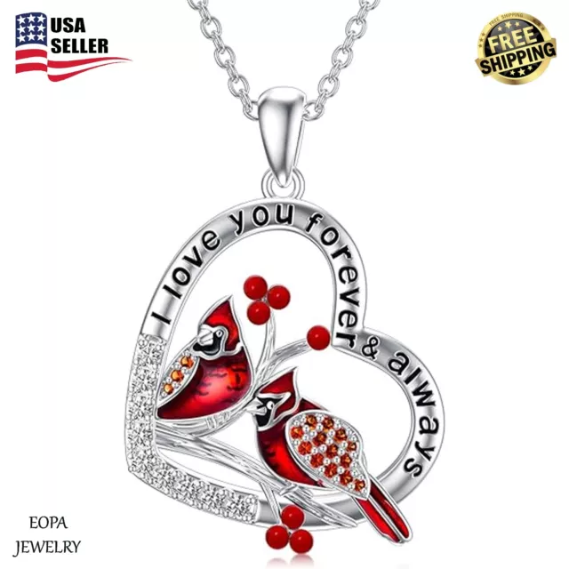 925 Sterling Silver Two Red Cardinal Birds Pendant Necklace Heart Gift for Women