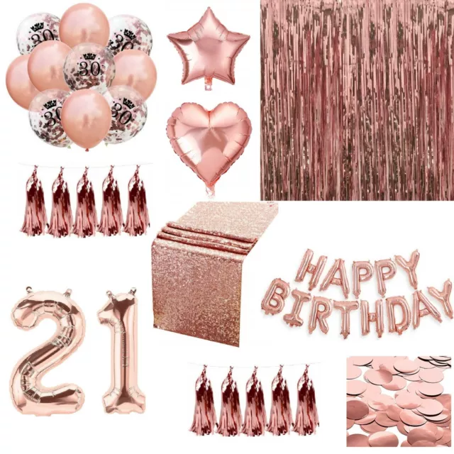 Rose Gold Happy Birthday Bunting Banner Balloons Tinsel Curtain DECORATIONS