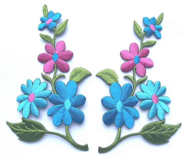 FLOWER PATCH x 2, Pink/Blue, matching pair *SEW-ON/IRON-ON* embroidered badges