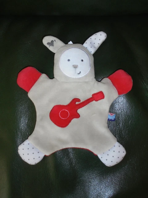 Doudou Plat Lapin Gris Blanc Petites Etoiles Guitare Rouge  100 % Neuf