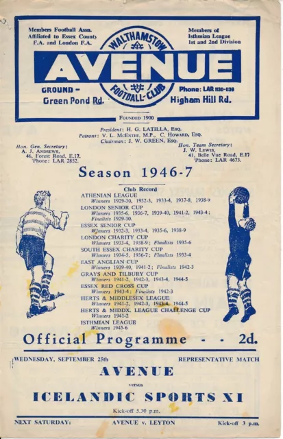 Walthamstow Avenue v Iceland Sports Association (Friendly) 1946/1947