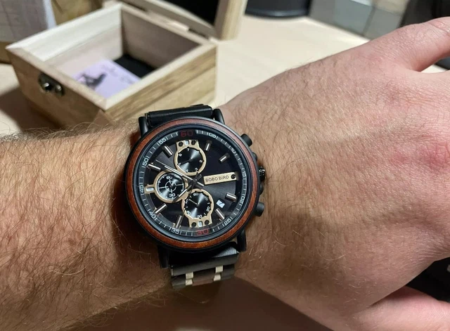 MONTRE EN BOIS Homme 3 cadrans neuve avec bo tier en bois cadeau