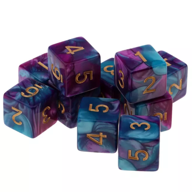 10pcs Six Sided D6 Polyhedral Dice with Double Colors & Numbers 16mm Purple+Blue