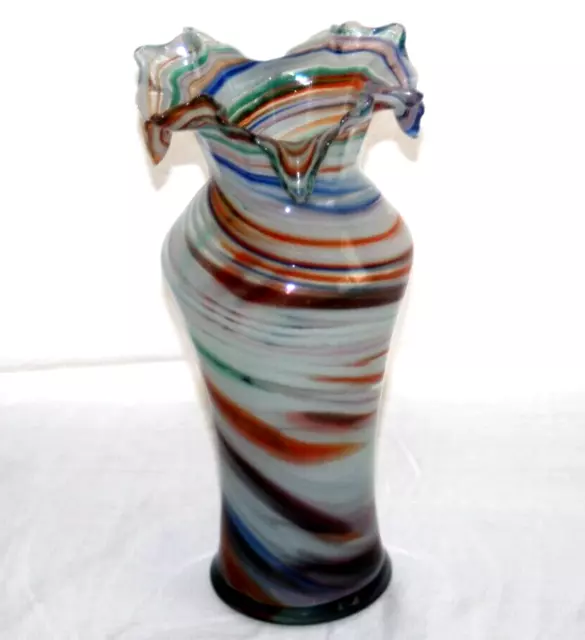 Vintage Murano Style Blown Glass Multi Color Ruffle Top 8.5" Vase