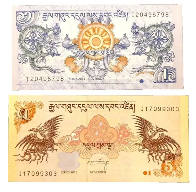 Bhutan set banknotes 1 and 2 Ngultrum 2013 UNC consecutive