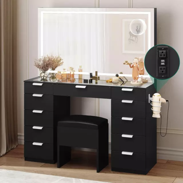 Vanity Desk Set with LED Lighted Mirror, Glass Top, 11 Drawers, Storage Bench