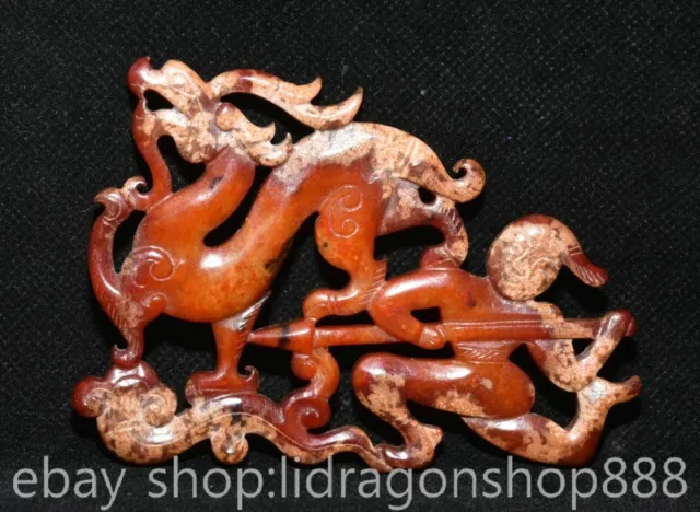 3.8" Chinese Natural Hetian Nephrite Jade Carving People Dragon Yu Bi Pendant