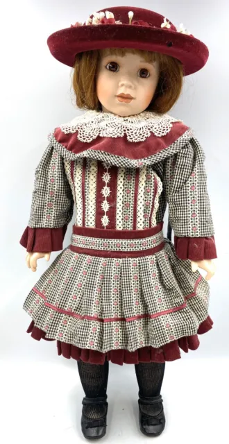 Rare Vintage Victorian Porcelain Figurine Red Haired Doll Dress Burgundy w Hat
