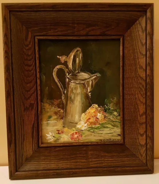 Coffee Pot Oil Painting Original Still Life Pink Flowers Oak Frame Signed Quimon