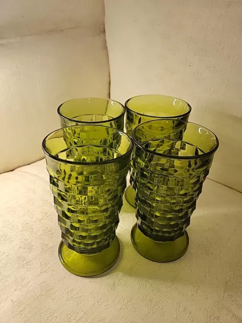 Indiana Whitehall Colony Cubist Glasses Avocado Green 6" Footed Set of 4 Vintage 3