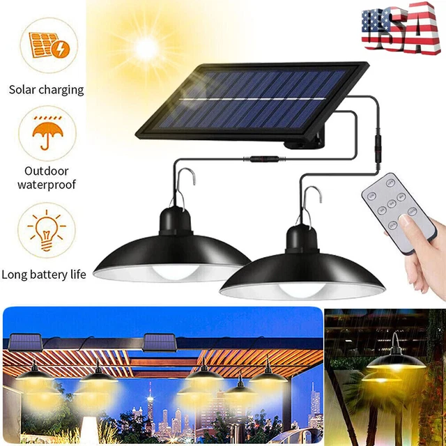 Double 2-Head LED Pendant Light Solar Power Outdoor Indoor Garden Yard Shed Lamp