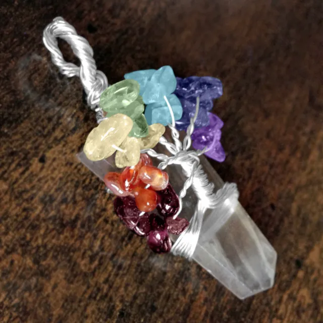 Quartz Crystal 7 Chakra Pendant Wire Wrap Tree of Life Necklace Handmade CHARGED