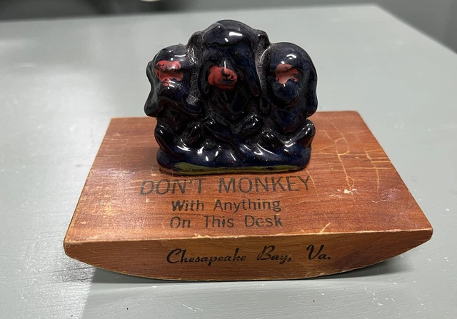 3 Wise Monkeys Souvenir Figurine Chesapeake Bay VA Don’t Monkey Anything On Desk