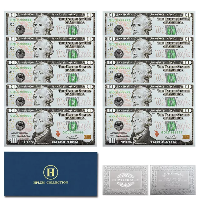 10pcs In Envelope US Dollar Silver Foil Banknotes 10 USD Uncurrency Collectibles