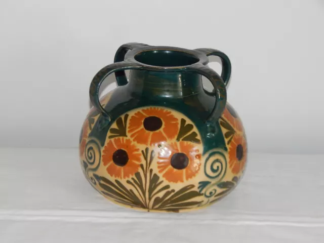 ANCIEN Grand VASE Elchinger avec 4 ANSES en Céramique à Décor TOURNESOLS Signé